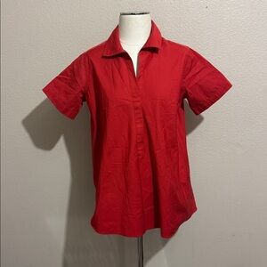 ANN MASHBURN Red Collared Short-Sleeve Popover Classic Tailored Top
